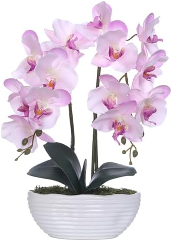 Large Artificial Orchid Arrangement in Oval Ribbed Ceramic Pot, Pink Shades by YSZL