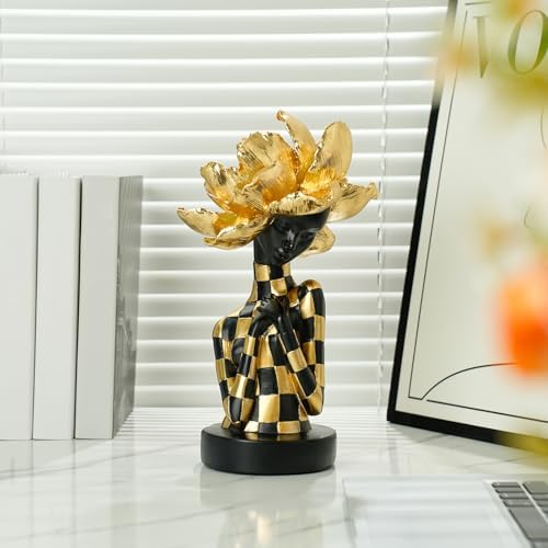 Lescafita African Woman Sculpture with Golden Flower Headpiece – Black and Gold Resin Figurine for Home Decor, Elegant African Lady Statue, Modern Ethnic Art Ornament, Gift for Women - Image 4