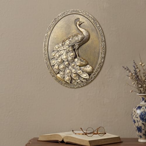 Newinhome Vintage Peacock Wall Sculpture Antique Wall Decor, Hand Painted Wall Decoration with Embossed Peacock Design, Gold Decor for Bedroom Living Room Hallway, Housewarming Gift - Image 2