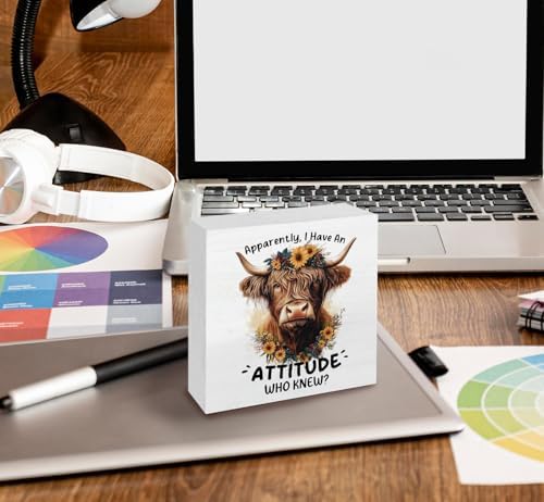 Highland Cow Sign, Farm Cottagecore Animal Office Kitchen Bedroom Decor, Apparently I Have an Attitude Who Knew Wooden Box Signs, Apparently Highland Cow Gifts for Women Men 5x5 in - Image 5