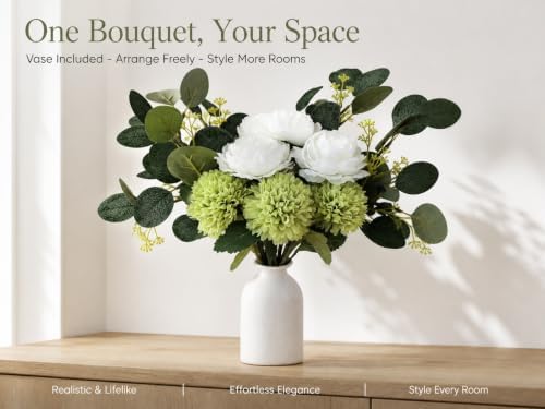 Fake Flowers Bouquet with Vase Faux Silk Flowers Mums Peony Eucalyptus - Image 7