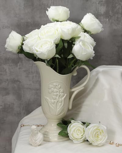 Coferset 10 Pcs Fake Silk Roses with Long Stems,White - Image 3