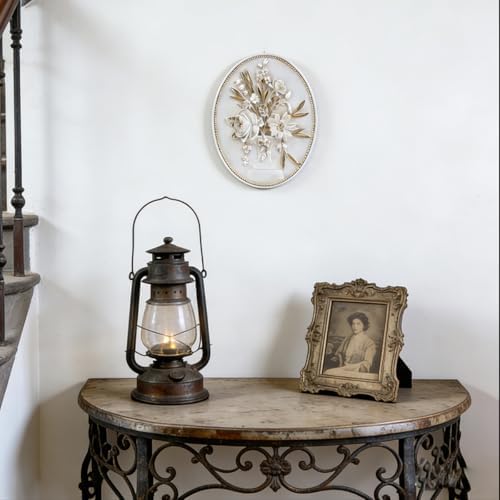 SIKOO Vintage Wall Sculptures White Flower Wall Art Hand Painted Ornate Wall Hanging Decoration Antique Pediment Wall Statue Ornament Decor Gallery for Kitchen Bedroom Living Room - Image 3