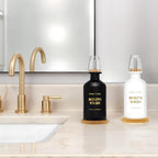 Mouthwash Dispenser for Bathroom 11.8oz – Glass Mouthwash Bottle with Cup & Bamboo Tray, Gold Hot-Stamped Lettering, Silicone Base, Modern Bathroom Accessory (Black & White, 11.8oz, 2pack) - Image 5