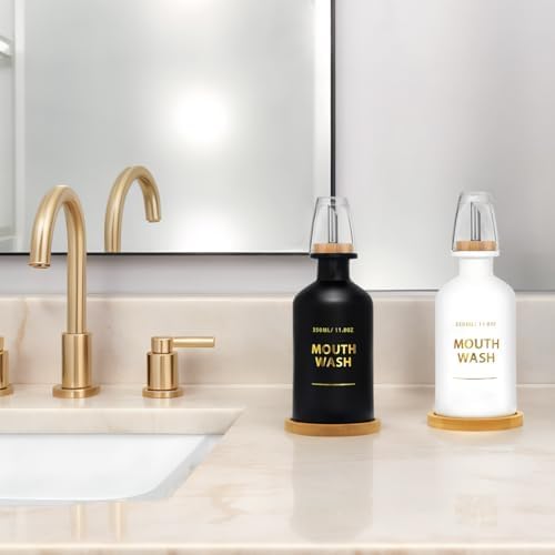 Mouthwash Dispenser for Bathroom 11.8oz – Glass Mouthwash Bottle with Cup & Bamboo Tray, Gold Hot-Stamped Lettering, Silicone Base, Modern Bathroom Accessory (Black & White, 11.8oz, 2pack) - Image 5