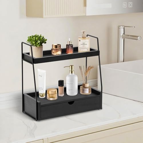 2-Tier Bathroom Countertop Organizer with Drawer, Wood Vanity Shelf Black - Image 3