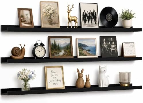 48inch Long Floating Shelves for Wall Decor, 3-Set Shelves with Lip, Black by RicherHouse