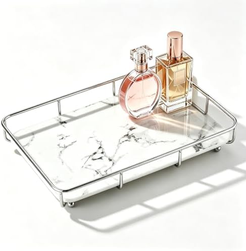 Dobbyby Vanity Tray Makeup Organizer Cosmetics Storage Bathroom Skincare Organizer Countertop Display Rack in Dresser Stainless Steel Shelf Marble Print Ceramic Trays by Dobbyby