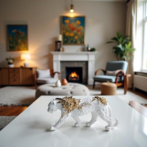 Cheetah Statue White Gold Leopard Sculpture Home Decor Leopard Sculpture Resin Handmade Sitting Suitable for Living Room Table Center Bedroom Gift for Woman Father - Image 4
