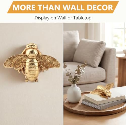 DOQXYAVM Gold Honey Bee Wall Art Decor, 3D Resin Bee Wall Sculpture, Hanging Insect Home Decoration for Living Room, Bedroom, Bathroom, Kitchen (S) - Image 4