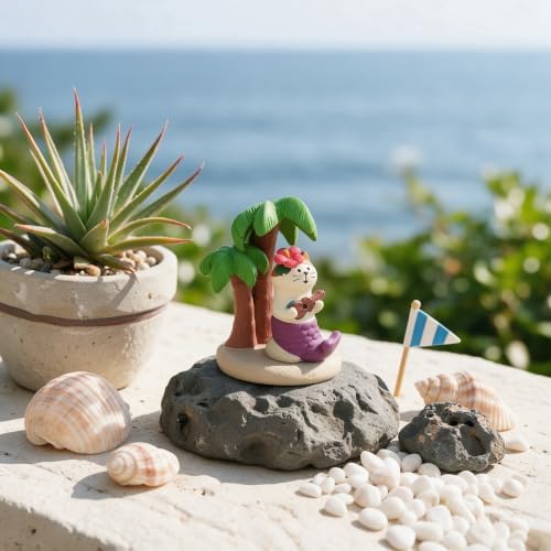 Mevodeata Mermaid Cat Figurine with Palm Tree, Mini Beach Statue - Image 3