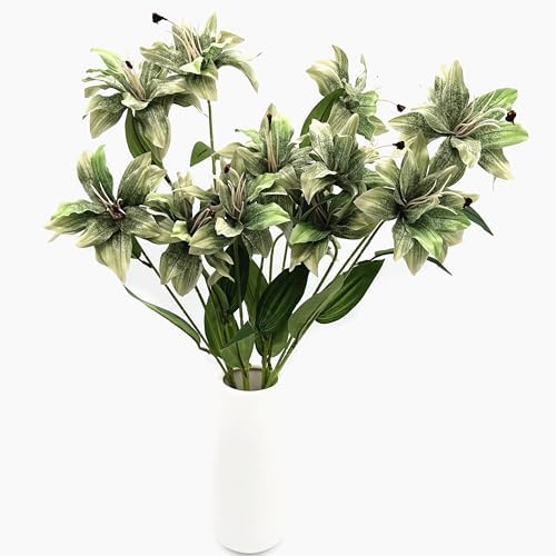 Artificial Lily Flowers, Vintage Fake Silk Flower Long Stems Stargazer Lilies Real Touch Faux Plants Tiger Bouquets for Home Decor Indoor Wedding Party Floral Arrangement DIY Decoration - Green 4 Pack - Image 6