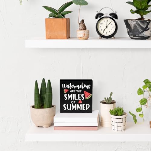 IYEZH Summer Decor Watermelon Wood Box Sign 5 x 5 Inches Desk Decor Rustic Country Wooden Square Sign Decor Watermelon Summer Decorations for Home Beach House Outdoor Shelf Wall Farmhouse Table Shelf - Image 4