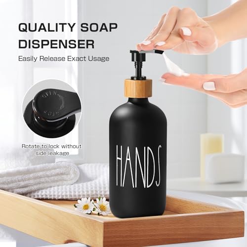Matte Black Bathroom Accessories Set, 5 Pcs Glass Bathroom Accessory Set with Bamboo Tray, Soap Dispenser and Toothbrush Holder Set, Qtip Holder Set, Farmhouse Boho Bathroom Set Complete - Image 3