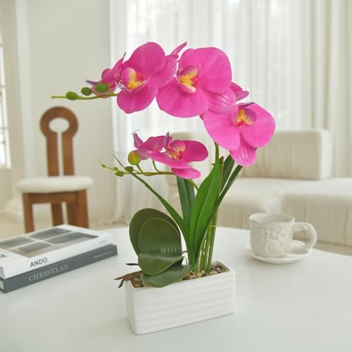 Artificial Real Touch Orchid Flowers with White Ceramic Vase, Purple Red - Image 4