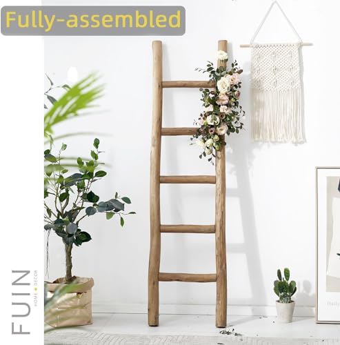 FUIN Blanket Ladder, 57in Rustic Wood Decor Rack, Fully Assembled, Brown - Image 2