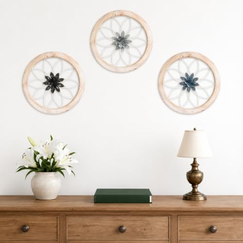 Paquesta 3 Piece Round Farmhouse Wall Decor with 6 Piece Interchangeable Flowers 12'' Medallion Wood & Metal Rustic Wall Art for Living Room Bedroom Kitchen Bathroom Dining Room Home Decorations - Image 6