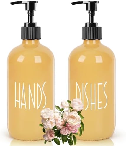 16 oz Glass Soap Dispenser with Pump, Refillable Dish Soap Dispenser for Kitchen Sink, Hand Soap and Lotion Dispenser for Bathroom Countertop, Decorative Kitchen Bathroom Accessories (Yellow) by Ulable