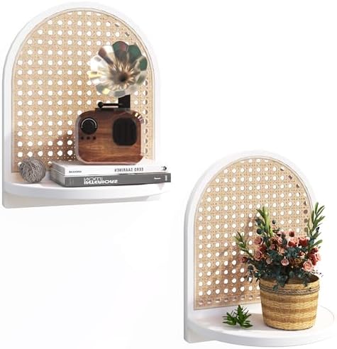 Rattan Shelf Set of 2, 7''White Rattan Shelf with Wicker Decor, Boho Wall Decor Small Floating Shelf for Plant Figurines Display, Mini Shelves for Knick Knack Storage by MVPSONAG