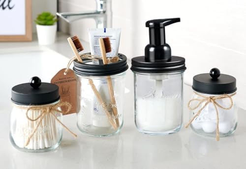 SheeChung Mason Jar Foaming Soap Dispenser and Toothbrush Holder Set, Black - Image 4