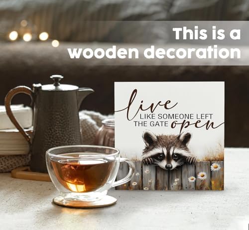 Raccoon Sign - Live Like Someone Left The Gate Open Wooden Box Signs, Raccoon Decor, Farmhouse Trash Panda Wood Decoration Home Decor For Desk Table Shelf 8x8 Inch Decorative Signs & Plaques - Image 2
