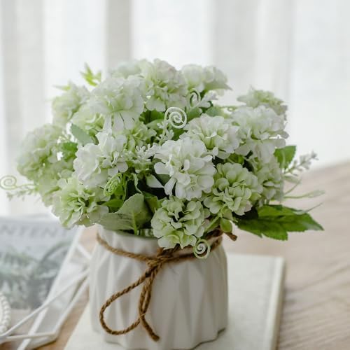 TKAS Fake Flowers Arrangement in Ceramic Vase, Artificial Faux Silk Hydrangea, Small Realistic Dried-Style Floral, Dining Table Centerpiece for Wedding Party Home Decoration (Green) by TKAS