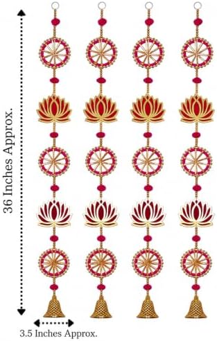 ZIG ZAG Pack of 4 Handmade Lotus Wall and Door Hangings with Bells, 36 Inches Long, 3.5-Inch Lotus Width, Pink and Gold Decorative Hangings for Home, Pooja, Wedding and Festivals - Image 3