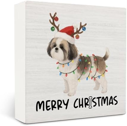 Shih Tzu Merry Christmas Wooden Box Sign Desk Decor, Shih Tzu Gifts, Christmas Dog Wood Block Sign for Home Bedroom Office Desk Table Shelf Wall Decorations, 5x5 Inch by OVAcational