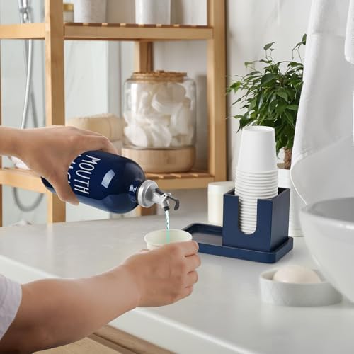 Glass Mouthwash Dispenser for Bathroom, 16 OZ Mouthwash Dispenser with Pour Spout and Wood Cup Holder and Tray, Mouth Wash Bottle Container, Farmhouse Kitchen Bathroom Decor and Accessories, Navy Blue - Image 6