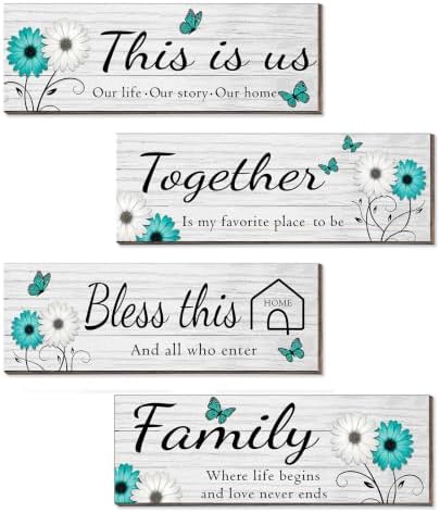 4 Pcs White Farmhouse Wall Decor with Teal Butterflies & Daisies, Rustic Wooden Signs Set, Floral Wall Art for Living Room Bedroom, Housewarming Gift, 4.7" x 13.8" by JOYHAWK-DesigningaBetterLife