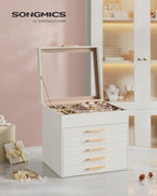 SONGMICS Jewelry Box Organizer, 6-Layer Storage with 5 Drawers, Glass Lid - Image 2