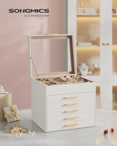 SONGMICS Jewelry Box Organizer, 6-Layer Storage with 5 Drawers, Glass Lid - Image 2