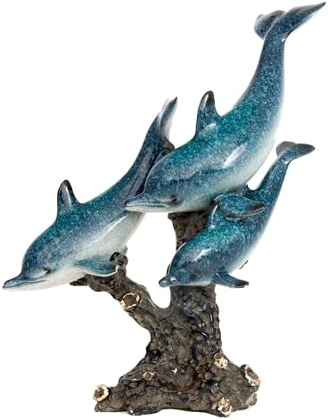 Dolphin Statue - Triple Dolphins Swimming Figurine Coastal Home Decor Tabletop Collection (Aqua) by CornerMerchant