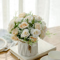 TKAS Fake Flowers Arrangement in Ceramic Vase, Artificial Faux Silk Roses, Small Realistic Dried-Style Floral, Dining Table Centerpiece for Wedding Party Home Decoration (Champagne White) by TKAS