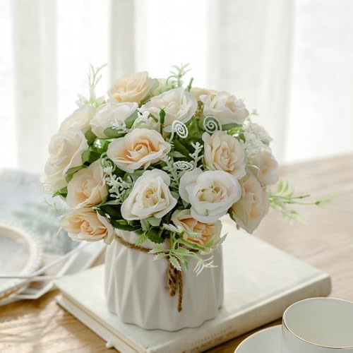 TKAS Fake Flowers Arrangement in Ceramic Vase, Artificial Faux Silk Roses, Small Realistic Dried-Style Floral, Dining Table Centerpiece for Wedding Party Home Decoration (Champagne White) by TKAS