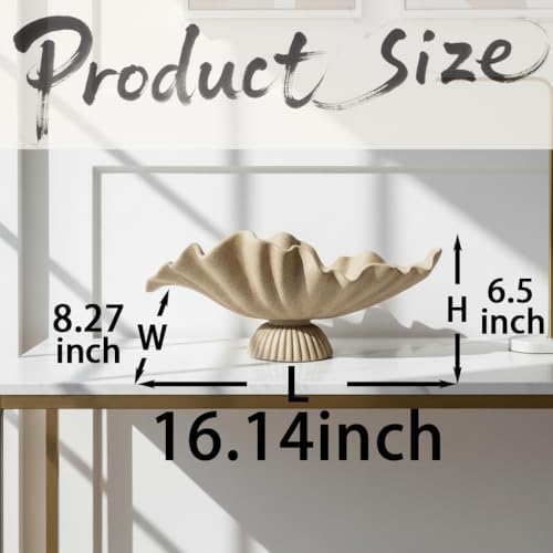 16" Large Decorative Bowl decor , Modern Home Decoration Scallop Bowl,Fashion Key Bowl for Entrance Table, Decorative Fruit Bowl for Kitchen Counter, Ruffle Decor, With Base, Artificial Stone Beige - Image 3