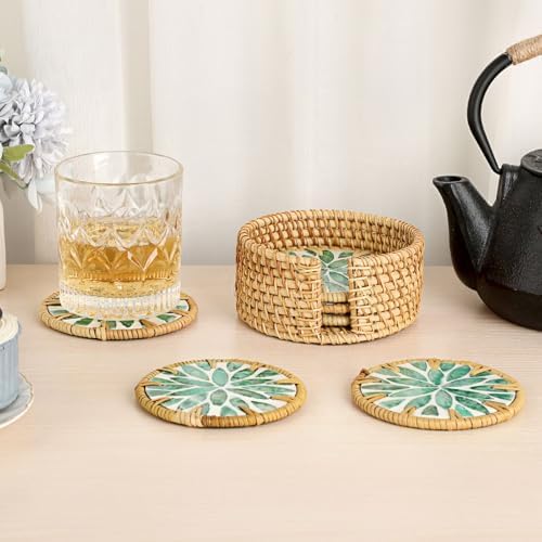 Boho Coastal Coasters Set of 6, Handmade Coasters with Holder, Green Leaf - Image 2