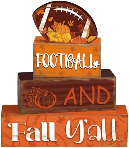 4 Pcs Fall Football Table Decor Football Wooden Blocks Signs with Sayings by Quzzil