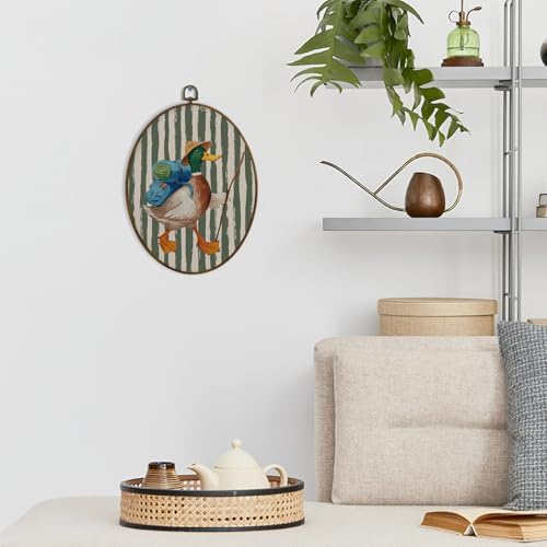 dvhdajed Vintage Backpacking Mallard Duck Oval Wall Art Decor, Mallard Duck Camping Green Striped Framed Canvas Art, Rustic Wall Hanging Decor for Boys Room Bedroom, Farm Animal Decorations,8.7x11.3 - Image 2