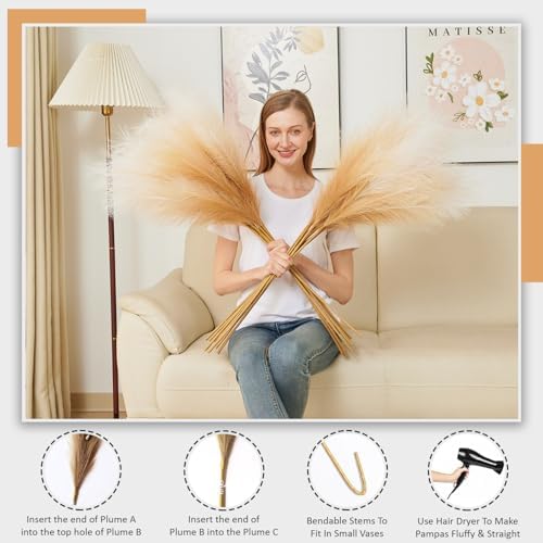 7 Pcs Faux Pampas Grass-45 Inches/3.75ft Large Boho Decor Fluffy Artificial Pompas Grass Décor Tall Vase Filler for Home Wedding Decoration (Beige Gradient, 7) - Image 2
