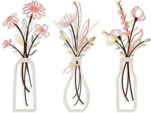 Pigort 3 Pieces Metal Flowers Wall Arts - Rustic Farmhouse Style Décor Metal Wall Art Black Minimalist Flower Natural Themed Wall Decors for Home Bedroom Dining Room Housewarming (Pink Beige) by Artisinfiniteloveiseternaljustlikepi