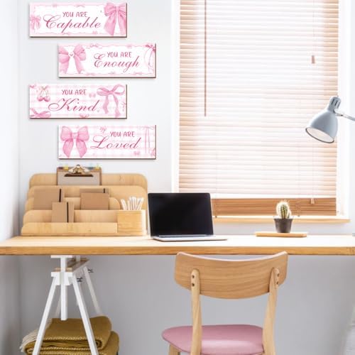 4 Pcs Pink Bow Wall Decor, Pink Room Decor for Teen Girls, Inspirational Positive Affirmations Wooden Wall Art Decor, Coquete Wall Hanging Signs for Bathroom Apartment - Image 4