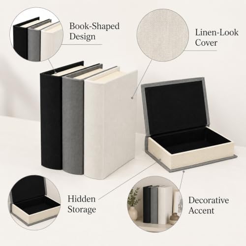 DECOR4SEASON Set of 3 Modern Linen and Wood Decorative Faux Book Boxes, 10" - Image 4