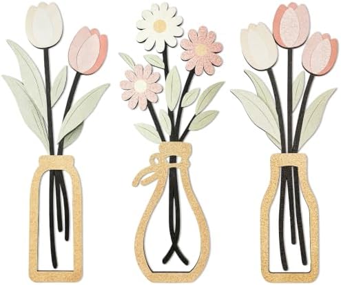 puthiac Wooden Floral Vase Wall Art Decor Set of 3, Spring Tulip & Daisy by PUTHIAC