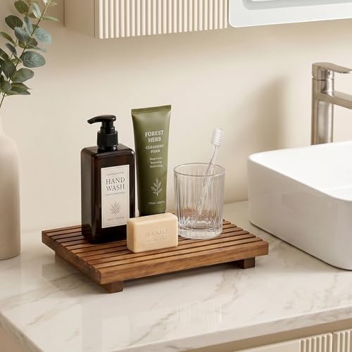 Acacia Wood Pedestal Stand Bathroom Tray Organizer Kitchen Counter Decor - Image 2