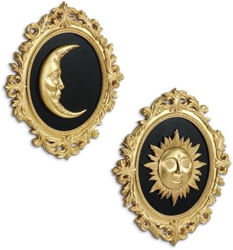 Putuo Decor Baroque Sun Moon Wall Decor Set, 2-Piece 3D Ovals Gold Resin Relief on Black Backing, Vintage Celestial Accent Wall Hanging Art for Living Room Bedroom Entryway Gallery by PUTUODECOR