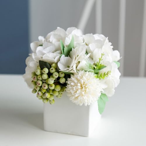 TKAS Fake Flowers Arrangement in Ceramic Vase, Artificial Faux Silk Hydrangea & Green Berries, Small Realistic Dried-Style Floral Centerpiece for Dining Table, Wedding Party Home Decoration (White) by TKAS