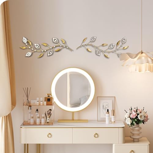 sxnzequnze 2 Set Metal Tree Leaf Wall Art for Home Decor Living Room Bedroom Dining Room Bling Rhinestone, 3D, Iron Branch Hanging Leaf Sculpture Art Pieces -Gold 16.5in*6.7in - Image 5