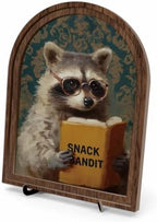 Wooden Tabletop Sign Funny Raccoon Decor for Bookshelf Desk Shelf, Arched Wood Frame Vintage Reading Animal Art, Rustic Home Office Display Accent for Animal Lovers by Unknown