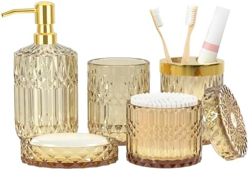 Brown Bathroom Accessory Set 5PCS - Amber Glass Bathroom Accessories with Toothbrush Holder Set, Soap Dispenser, Soap Dish, Tumbler, Cotton Swab Jars, Vintage Bathroom Decor Set Housewarming Gift by Towoaafu